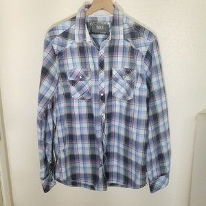 BKE Pearl Snap Shirt Mens Large Blue Plaid Western Long Sleeve